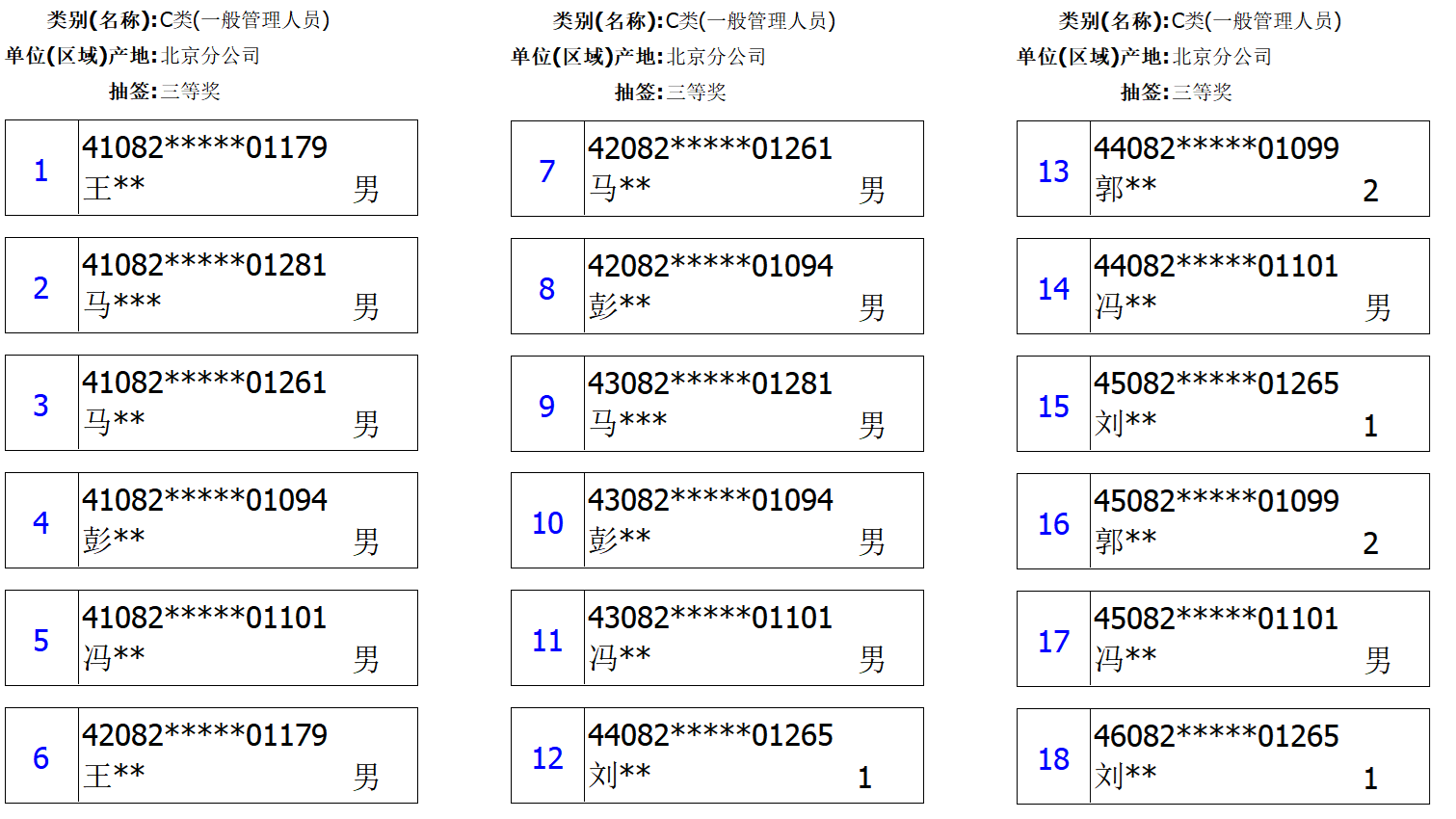 全屏显示的抽签结果